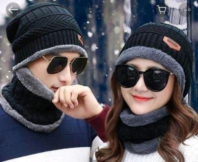 Unisex Winter Knit Neck Warmer Scarf and Set Skull Cap for Men & Women Winter Cap Pack of 2